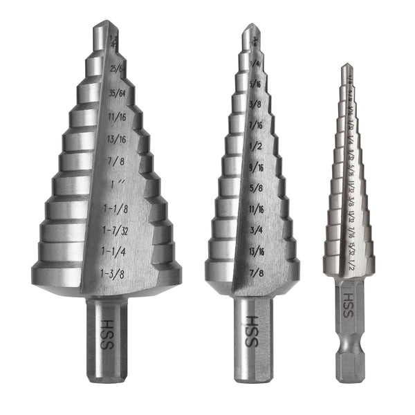 4241 HSS Large Step Drill Bits Set, 1/2", 7/8", & 1-3/8" for Hole Drilling in Iron, Copper, Aluminum, Wood