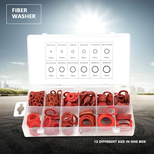 600PCS Red Steel Paper Fiber Flat Washers Kit - Insulation Washer Assorted Set with Box for Electrical Connections