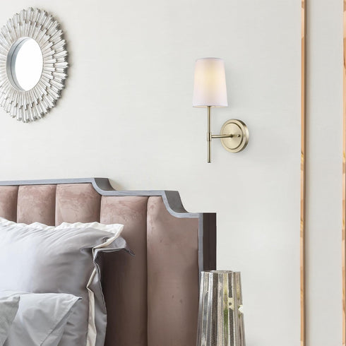 51861 1-Light Bulb Globe Electric Clarissa Wall Sconce, Matte Brass, White Fabric Shade, Not Included