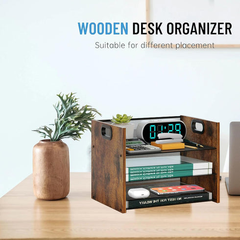Wood Desk Organizer - 3 Tier Paper Organizer, File Organizer, Document Organizer for Office Desk Accessories