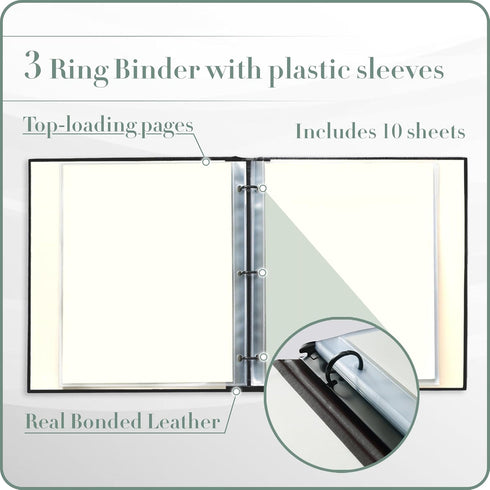 Gallery Leather 3 Ring Binder with Plastic Sleeves, Includes 10 Sheets, 8.5" x 11" Presentation Binder