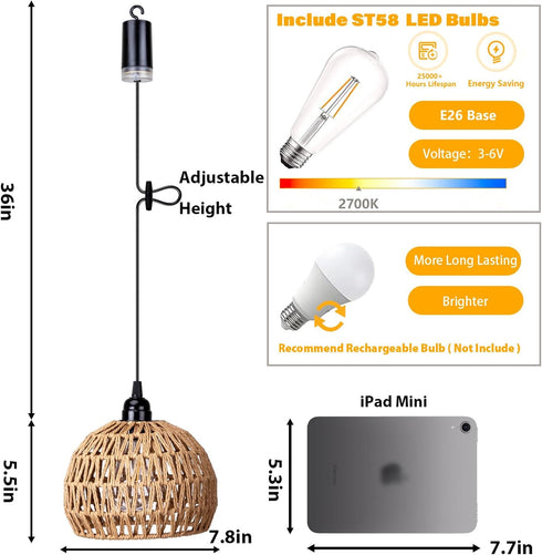 (2) Battery Operated Hanging Outdoor Chandelier, Battery Power Pendant Light, Gazebo Lights Outdoor Waterproof