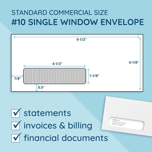 Summit 500 #10 #10 4 1/8 9 1/2, 500 Pack Blue Left Window Envelopes Self Seal -QuickBooks Invoices, Checks and Letter