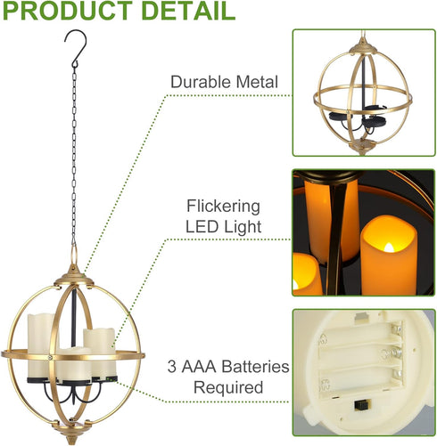 SUNNYPARK 3 12.6" Battery Operated Outdoor Candle Chandelier - Gold and Black Metal Globe Hanging Pendant Light