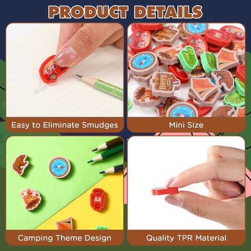 Pasimy Camping Mini Erasers for Kids Bulk, 64 Pcs Happy Camper Rubber Erasers for Classroom Prizes