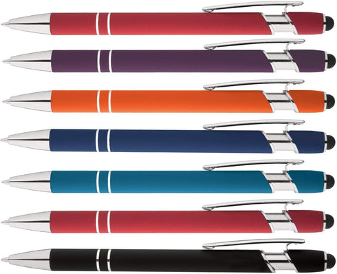 Rainbow Rubberized Soft Touch Ballpoint Pen with Stylus Tip - Premium Metal Pen, Black Ink, Box of 7 (Assortment)