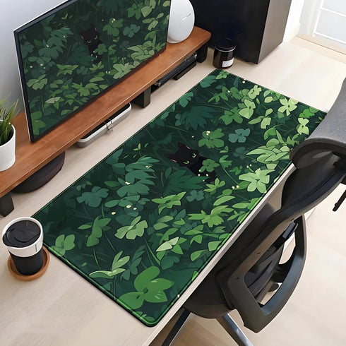 Black Cat Desk Mouse Pad - Green Plants Desk Mat, Anime Large Gaming Mouse Pad XL for Office Supplies, Long Laptop