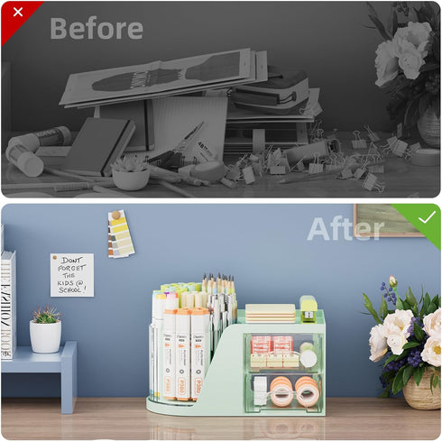 Marbrasse Desk Organizer with 2 Drawers, 360° Rotating Pen Holder, 6 Slots Pencil Organizer + 2 Drawer for Office