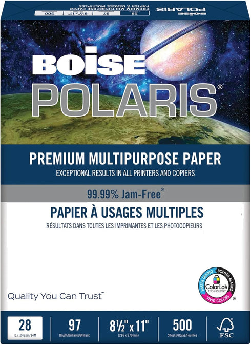 Boise POLARIS Premium Multipurpose Paper, Letter Paper Size, 28 Lb, FSC Certified, White,