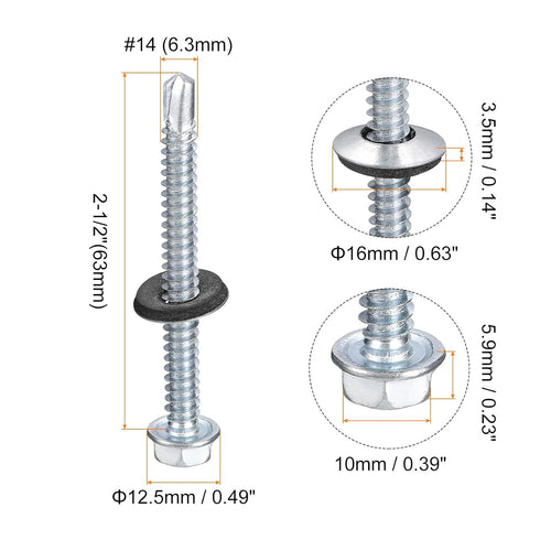 uxcell #14 x 2-1/2" Self Drilling Screws, 100pcs Zinc Plated Steel Roofing Screws with Rubber Washer for Metal
