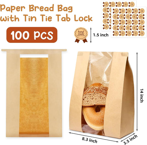 Rysnirs 100 14x8.3x3.5 Inches 100 PCS Large Paper Bread Bags with Tin Tie Tab Lock Homemade Bread Sourdough Bags