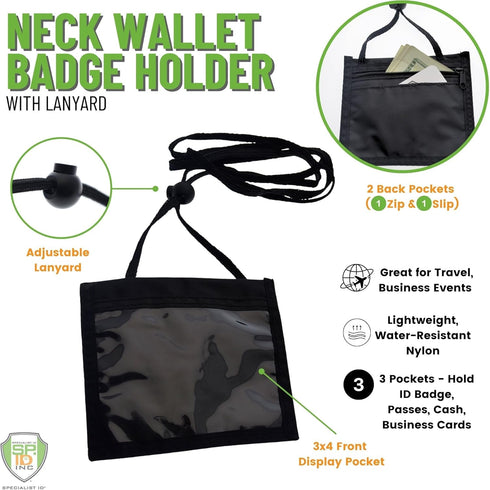 Nylon Neck Wallet Badge Holder with Lanyard - 4 X 3 Credential & Travel Badge Holder with 3 Pockets by Specialist ID