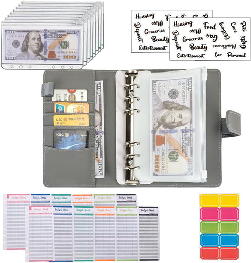 Budget Binder Cash Envelopes for Cash Money Organizer with Zipper Envelopes, A6 Leather Budget Binder (Full Grey)