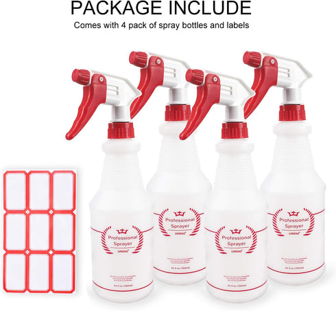 Plastic Spray Bottle (4 Pack, 24 Oz) Heavy Duty Leak Proof Mist Empty Water Bottle for Cleaning Solution