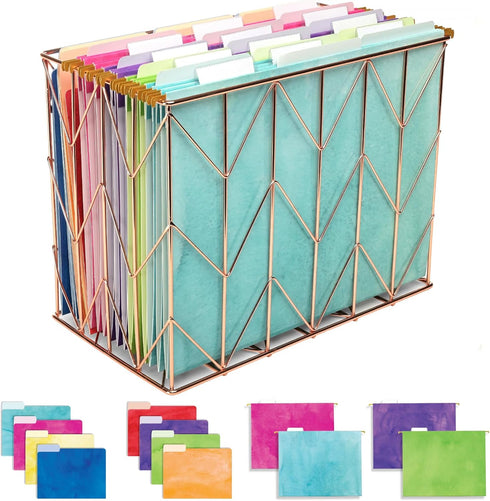 Global Printed Products Deluxe Designer Hanging File Folder Kit - Includes Metal Hanging Basket, 12 Hanging Folders, 24