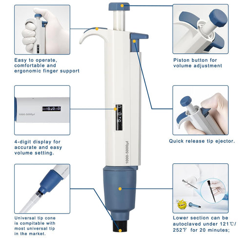Micropipette 2-10ml, Adjustable Single Channel Lab Pipettor, Half-Autoclavable