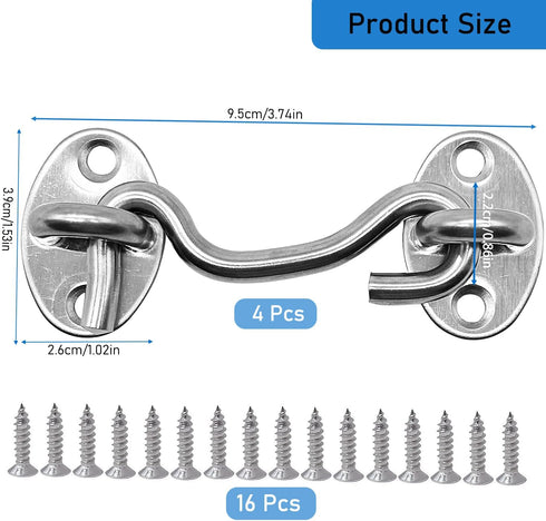 4 Pack 3" 16pcs Hook and Eye Gate Latch, Stainless Steel Rust-Resistant Barn Door Lock Cabin Hooks for Gate Shutters