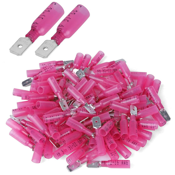 100 PCS 22-16 AWG Waterproof Heat Shrink Quick Disconnect Connectors, Crimp Electrical Wire Male Spade Connectors