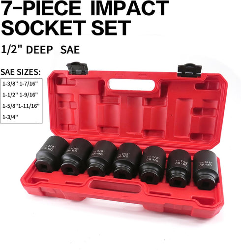 TONYNOL 1/2 Inch Set, 6-Point, SAE(1/2 1-3/8"to1-3/4"), 7 Set, Drive Deep Impact Socket Drive PCS, Cr-Mo, Heavy Duty