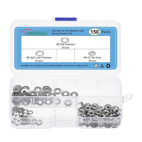 METALLIXITY Hex Nuts Assortment Kit, 150Pcs #6-32 Hex Nuts with #6 Flat Washers & Split Lock Washers, 304 Stainless