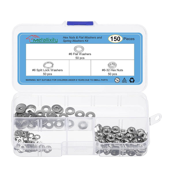 METALLIXITY Hex Nuts Assortment Kit, 150Pcs #6-32 Hex Nuts with #6 Flat Washers & Split Lock Washers, 304 Stainless