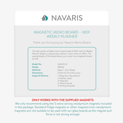 Navaris Frameless Magnetic White Glass Board for Wall - 16" x 24" for Home, Office, Kitchen, School - Includes 5
