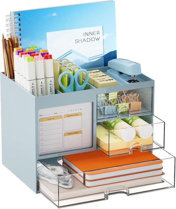 Marbrasse Desk Organizer with 3 Drawer, Multi-Functional Pencil Pen Holder, Blue