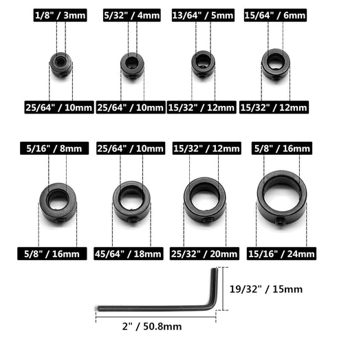 8Pcs Drill Bit Depth Stop Collar Set - Includes 1/8", 5/32", 13/64", 15/64", 5/16", 25/64", 15/32", 5/8"