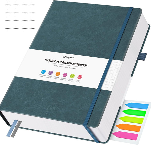 Graph Paper Notebook, B5 Hardcover Leather, 312 Numbered Pages, 100gsm No Bleed Grid Paper, 7.6'' X 10'', Grey Blue