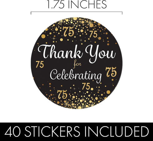 Black and Gold 75th Birthday Thank You Stickers - 40 Labels, 1.75 in