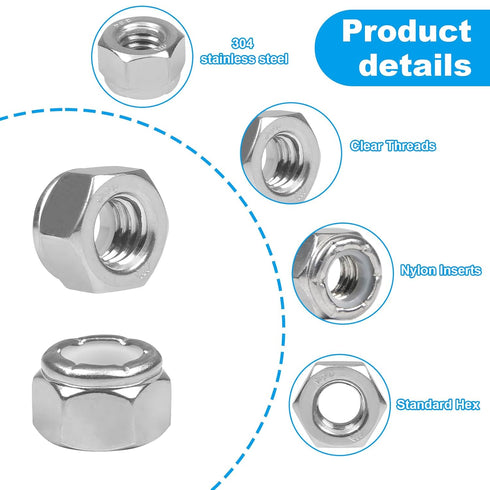 Yinpecly 110PCS 1/4"-20 Nuts,304 Nylon Insert Hex Lock Stainless Steel Locknuts,Hex Drive,Coarse Thread,Self-Locking