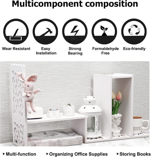 MASAKA B&W Desktop Organizers with Shelves, Adjustable WPC Display Shelf for Office Desk, Makeup Shelf, White