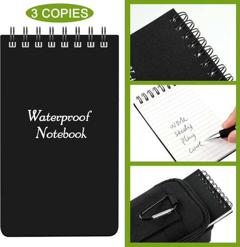 Eaasty 5 Pcs Waterproof Notebook Tactical 3 x 5 Inch Pocket Notebook with Metal Weatherproof Pen and Fabric Cover for Outdoor Activities Recording (Black)
