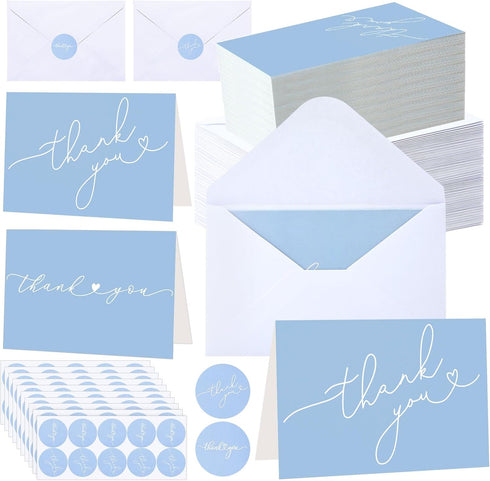 Supervitae 100 Pack Light Blue Thank You Cards Bulk with Envelopes and Stickers