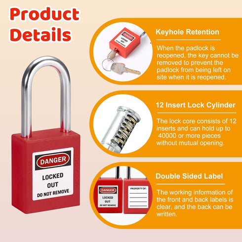 MroMax Lockout Tagout Lock - Safety Padlock Keyed Alike, 3 Pcs, Black Steel Shackle
