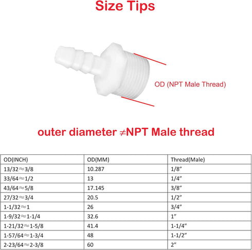 JoyTube 1/2" Barb X 3/4" NPT Male Thread Adapter - Plastic Hose Barb Fittings (Pack of 6)