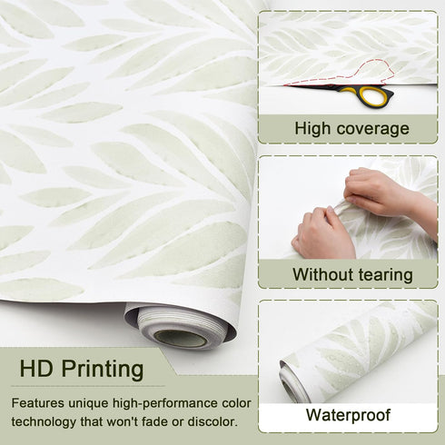 Leaf Wallpaper Peel and Stick 17.3"x197" Boho Green Removable Wallpaper