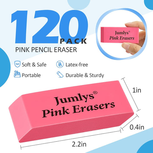 Jumlys Pink Erasers - 120 Pack Bulk for Kids, Students, Teachers, Artists, Latex-Free Smudge-Free