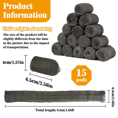 Steel Wool Pads 0000 15PCS - Steel Wool Roll Glass Wood Fabric Metal Extra Fine Steel Wool 0000 Polishing Chrome Glass Polishing Pads Wool Steelwool Mice Control Weep Hole Covers Walls Fill
