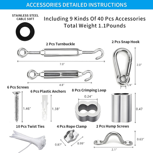 50ft 304 Globe String Light Suspension Kit, Outdoor Light Guide Wire, Vinyl Coated Stainless Steel Steel CableInclude