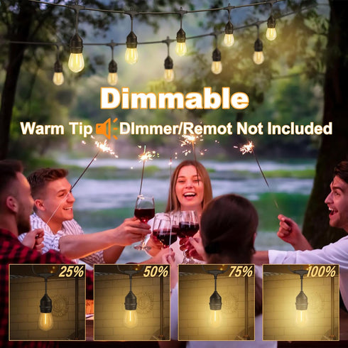 50FT 15+2 Bulbs, IP65 Commercial 2700K Dimmable LED Outdoor String Lights with Shatterproof Waterproof, Grade Patio