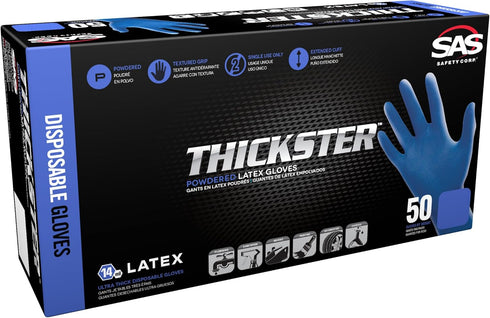 Thickster Powdered Latex Disposable Gloves, Size X-Large, Blue, 50 Pack, 14 mil Thickness, Fully Textured Grip
