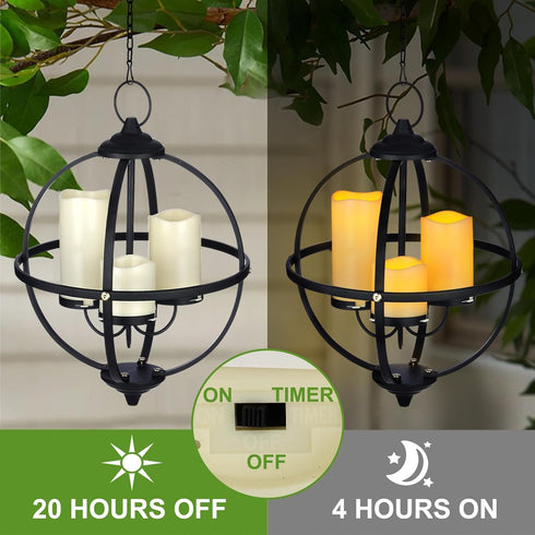 SUNNYPARK 3 12.6" Battery Operated Outdoor Candle Chandelier - Black Metal Globe Hanging Pendant Light with Flameless