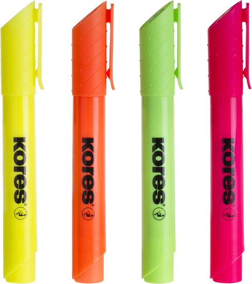 Kores Fluorescent Highlighter Pen, High Liner Plus, Water-Based Ink, Pack of 4 in Assorted Colours, Office Supplies