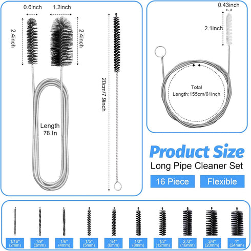 16pcs Long Tube Cleaner Set, Extra Long Hose Cleaning Brush for Fish Tank, Kitchen, Straw