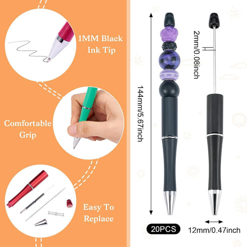 Beadthoven 20pcs Plastic Beadable Pen, Bead Ballpoint Pen Shaft Black Ink Bead Pens for DIY Pen Decorations Supplies Office School (Black)