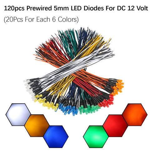 120pcs 12V LED Lights Emitting Diodes - Pre Wired 5mm LED Assorted Kit, 6 Colors x 20pcs