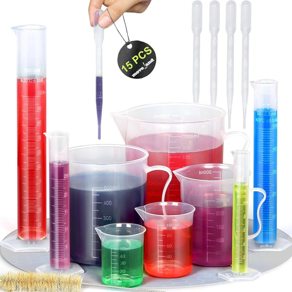 moveland Upgraded Plastic Graduated Cylinder and Beakers Set - 10ml 25ml 50ml 100ml Graduated Cylinder, 5 Pcs Pipettes