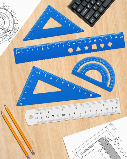 Triangular Ruler Set, 4+1 Pieces Aluminum Alloy Ruler, Metal Drafting Ruler for Student School Office Supplies (Sky