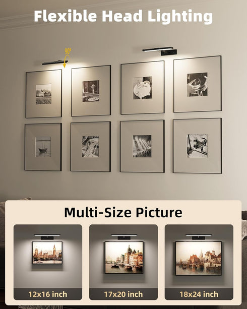 16'' 4800mAh Dimmable 3 Room(2P) EZVALO Picture Light for Wall, Black Rechargeable Battery Lights Wireless Remote